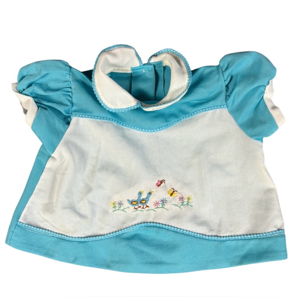 Vintage Toddler Girls 12 Months Embroidered Duck & Flowers Blue White Dress